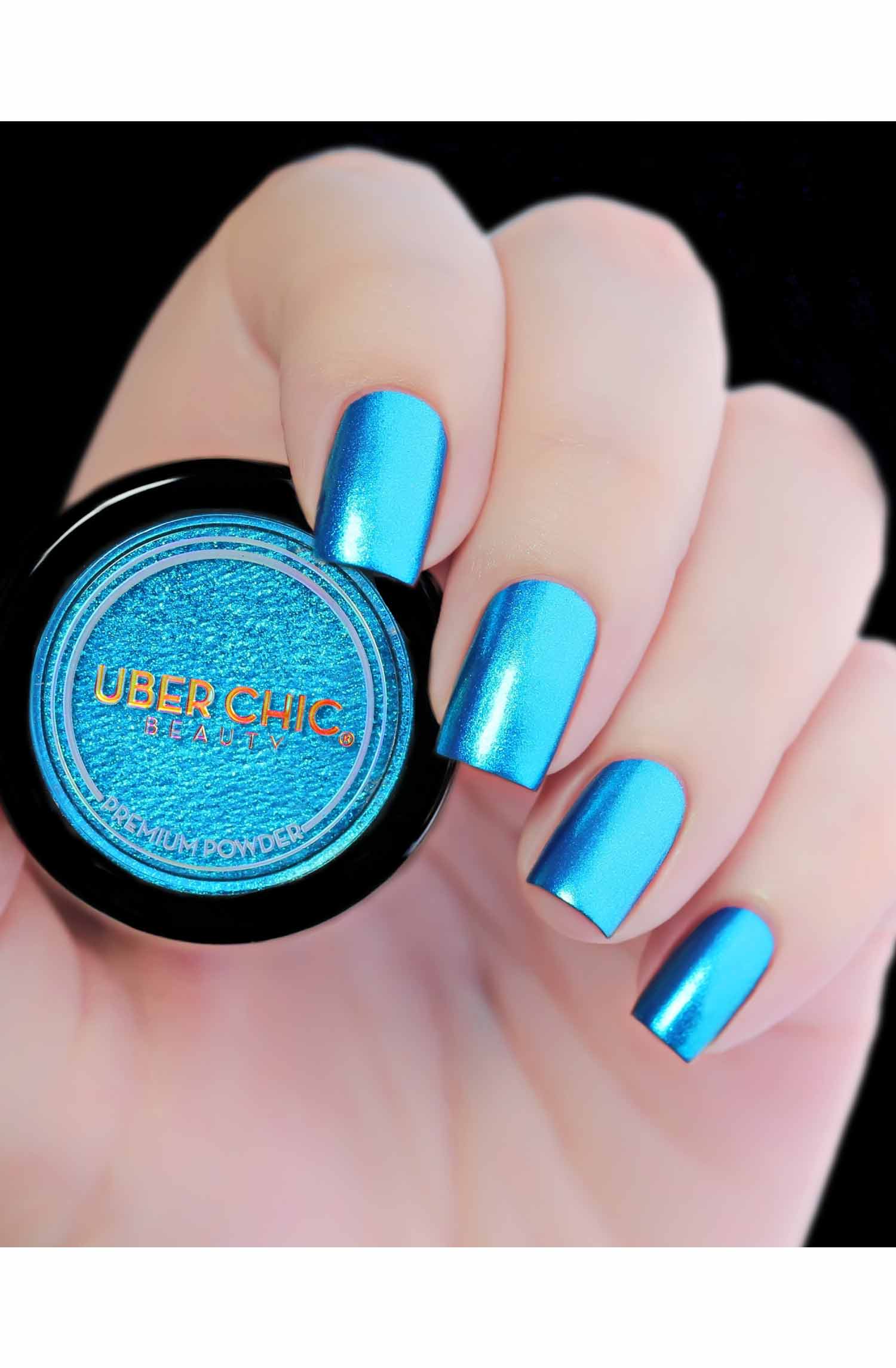 blue chrome nails with design